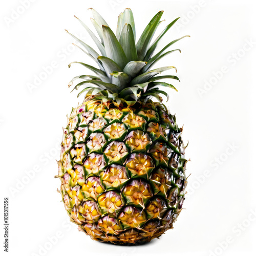 Fresh tropical pineapple with vibrant green crown and textured skin on a whit...