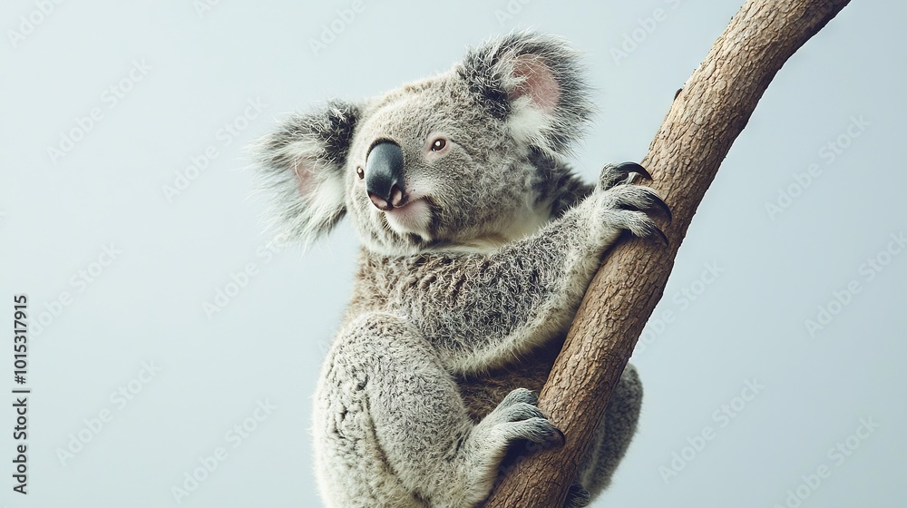 Obraz premium A koala perched atop a tree limb, with a turned head and wide-open eyes