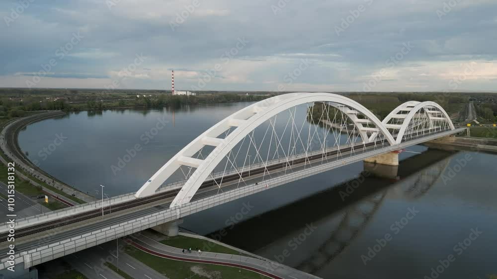 Drone aerial view of river Danube with Zezelj bridge in the city of Novi Sad Drone aerial view of river Danube with Zezelj bridge in the city of Novi Sad