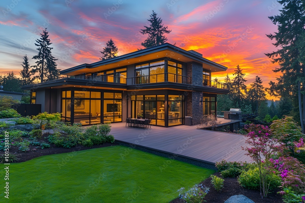 Modern home exterior at dusk with illuminated deck lights and a colorful sunset sky 