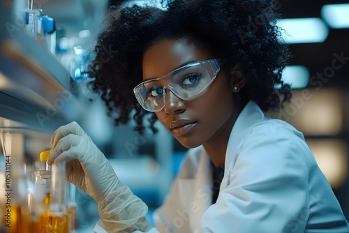 Black female scientist working in a laboratory with gloves