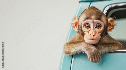   Monkey sticking its head out car surprised