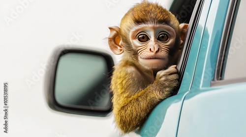   A tiny monkey perched atop a navy car, peering through its window while extending its head outside