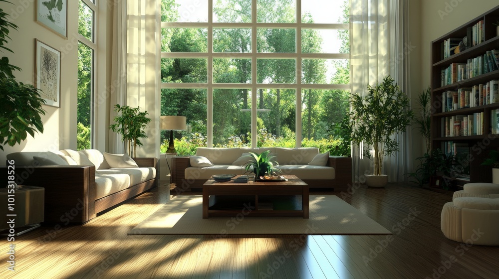 Serene and Cozy Living Room with Panoramic Garden View Serene and Cozy Living Room with Panoramic Garden View