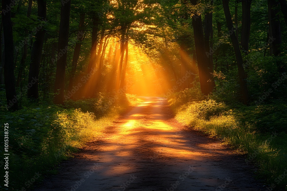 Obraz premium Sunlight on a path in woodlands