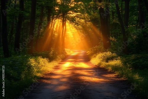 Sunlight on a path in woodlands photo