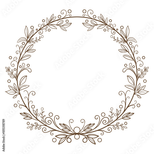 Round vintage frame with monograms, leaves, patterns, isolated on white background, for design and decor, template for prints, cards