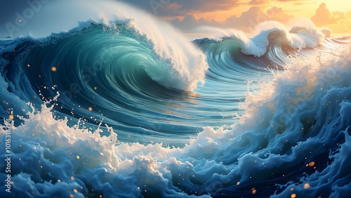 Powerful Ocean Waves with a Blue and White Palette