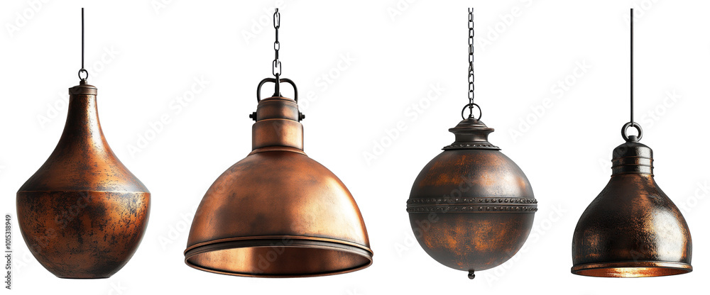 Obraz premium Rustic copper hanging lamp, centered on a transparent background.