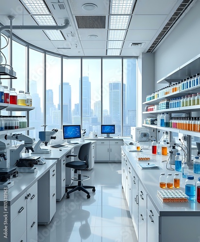 Modern Laboratory with City Skyline View - Scientific Workspace