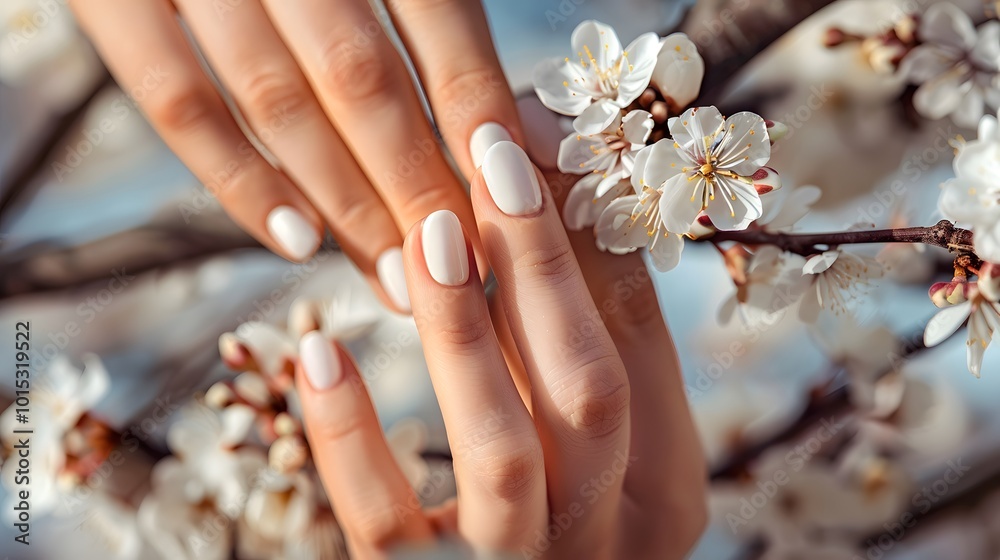 Elegant Manicure on Blossoming Branch Close-up of a woman Elegant Manicure on Blossoming Branch Close-up of a woman