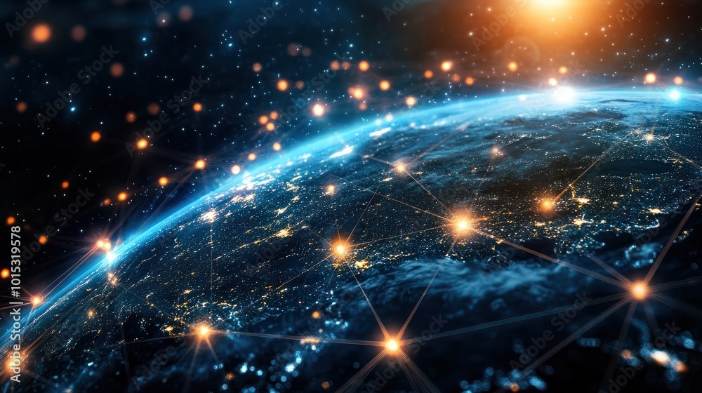 Digital global network connectivity with glowing nodes and earth ...