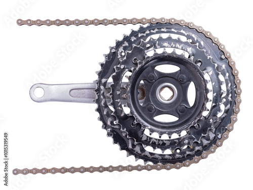 Konstfotografi Old worn out front bicycle sprocket with chain installed