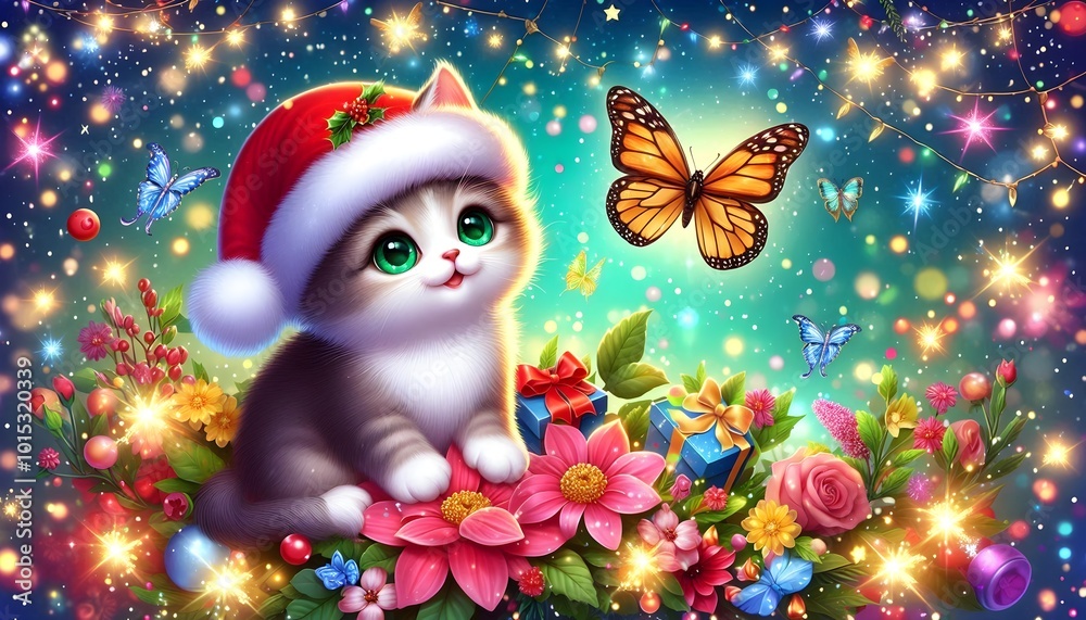 Fototapeta premium Cute Kitten with Santa Hat and Butterfly