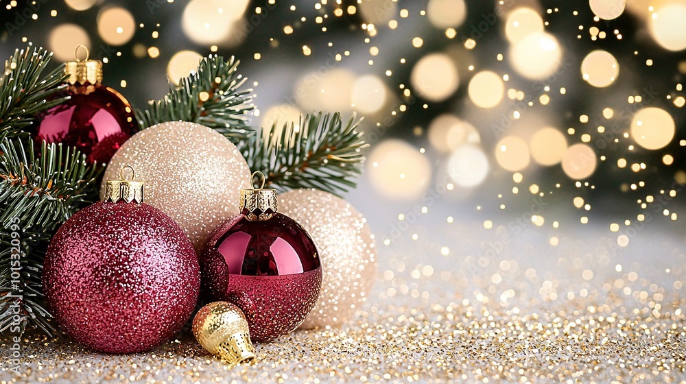 A Christmas scene with ornaments atop glitter and a Christmas tree lit with strings A Christmas scene with ornaments atop glitter and a Christmas tree lit with strings
