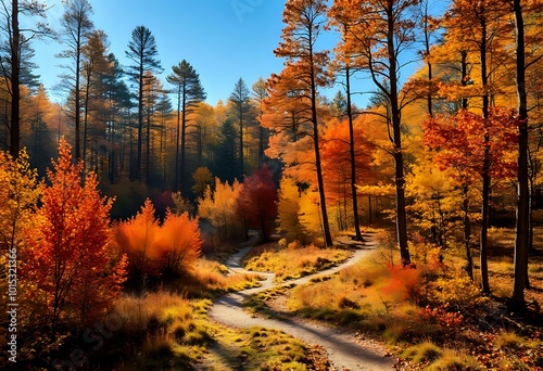 Autumn Woods Pathway Serenity - Golden Hour Landscape Photography