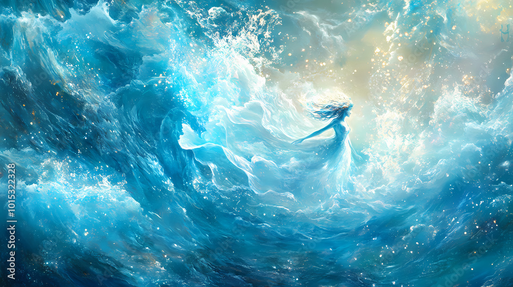 Enigmatic water sprite amidst shimmering waves. Water Sprite. Illustration Enigmatic water sprite amidst shimmering waves. Water Sprite. Illustration