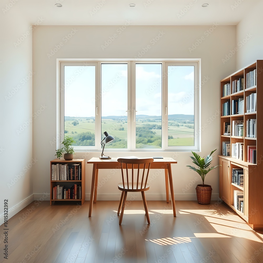 Fototapeta premium Cozy Study Room with Wooden Table and Nature View