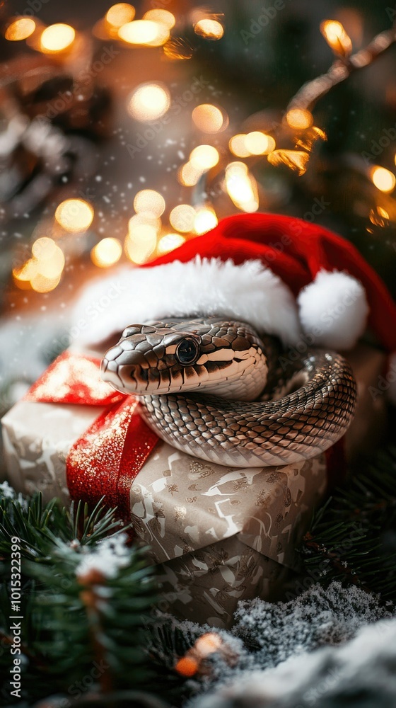 Obraz premium Snake wearing santa hat coiled on wrapped present surrounded by festive bokeh lights, celebrating christmas and new year gifts