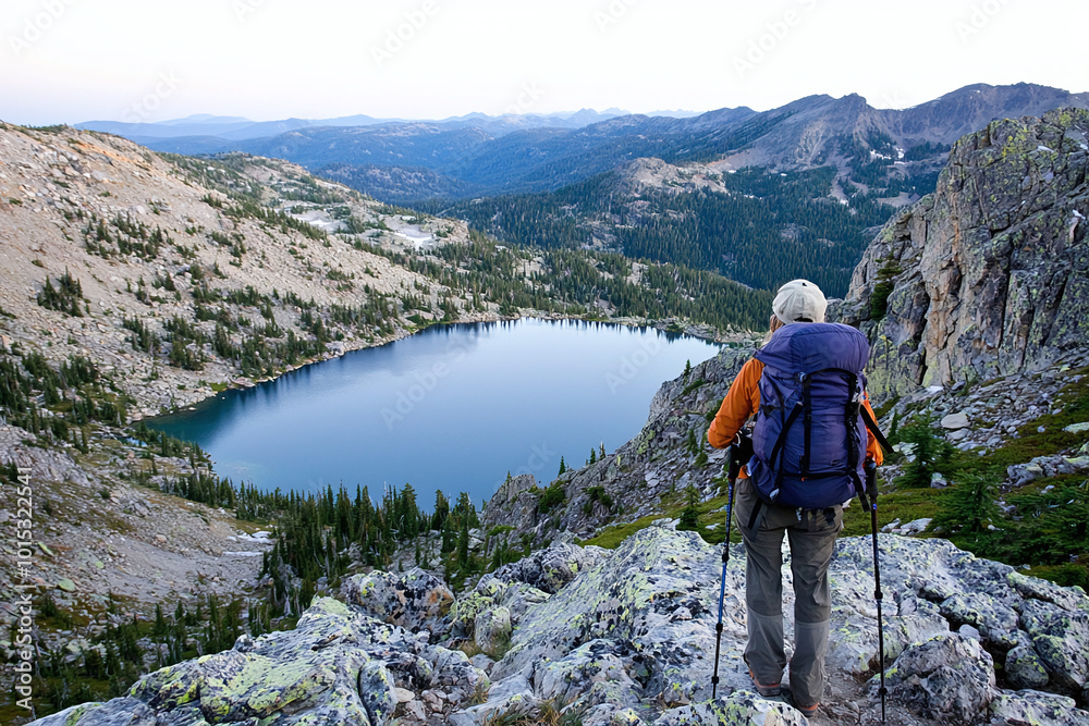 a hiker standing on a rocky outcrop, gazing at a stunning mountain lake vista a hiker standing on a rocky outcrop, gazing at a stunning mountain lake vista