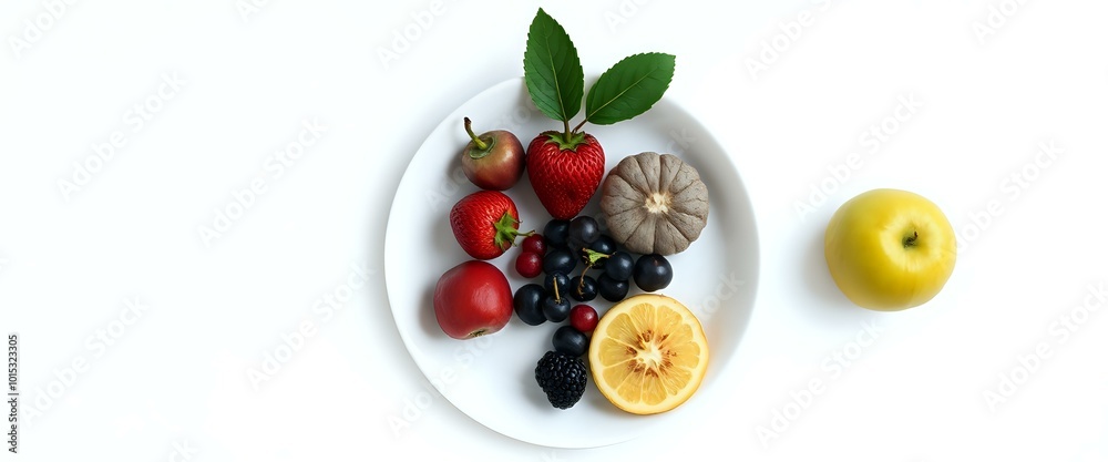 Colorful Fruit Medley on White Plate - Healthy Snack or Dessert Colorful Fruit Medley on White Plate - Healthy Snack or Dessert