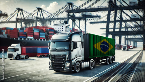 Modern freight truck with an Brazil flag container at a busy port, surrounded by cargo ships and cranes. Ideal for showcasing global shipping, logistics, and transportation