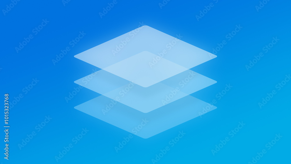 Three transparent and layered light rhombus shapes (tilted squares) on a bright and vibrant blue color gradient background. Abstract and modern high resolution full frame background with copy space. Three transparent and layered light rhombus shapes (tilted squares) on a bright and vibrant blue color gradient background. Abstract and modern high resolution full frame background with copy space.