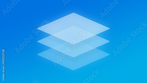 Three transparent and layered light rhombus shapes (tilted squares) on a bright and vibrant blue color gradient background. Abstract and modern high resolution full frame background with copy space.