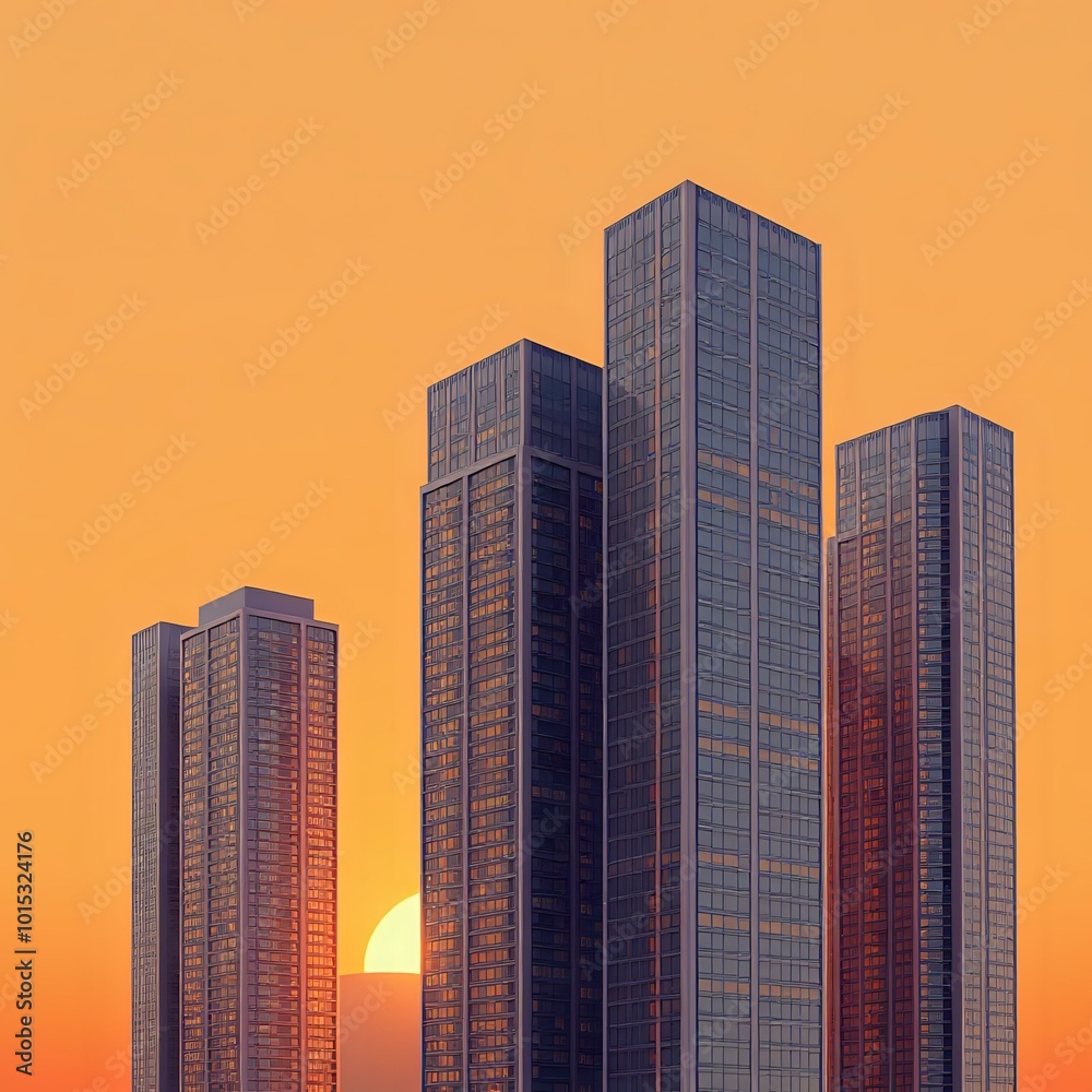 Fototapeta premium Dramatic Sunset Over Modern Skyscrapers in Orange Cityscape