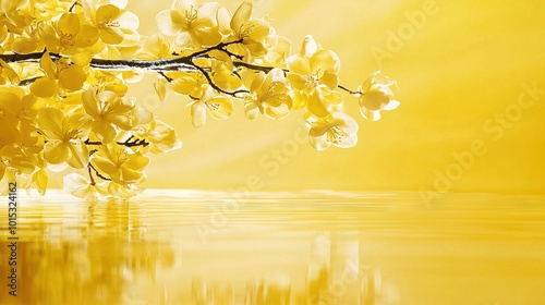   A blooming tree's branch with yellow flowers in the foreground and a brightly lit yellow sky in the background photo