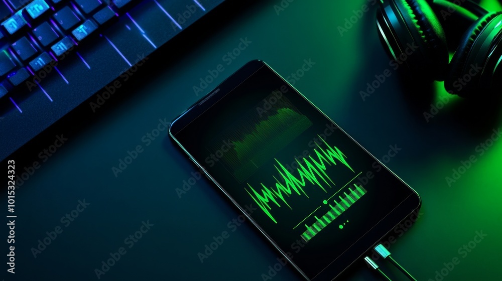Minimalistic Smartphone with Headphones and Audio Waves - Perfect for Podcast and Social Media Marketing