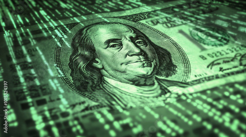 Digital matrix overlay on U.S. dollar, representing the intersection of finance and technology, symbolizing the future of digital currency and online financial transactions
