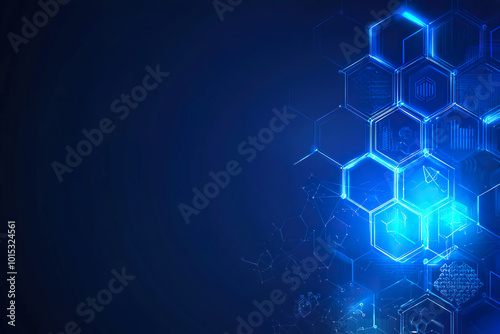 Blue glowing hexagonal network design with futuristic data elements. AI-generated