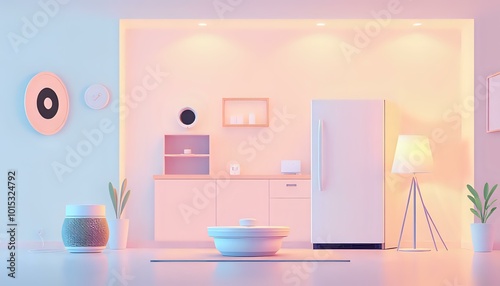 Modern Kitchen with White Cabinets, Pink Walls, and Greenery - Low Angle Perspective