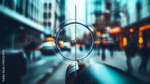 Urban Sniper - A city street viewed through a sniper's scope, with blurred pedestrians and vehicles creating a sense of tension and imminent danger.