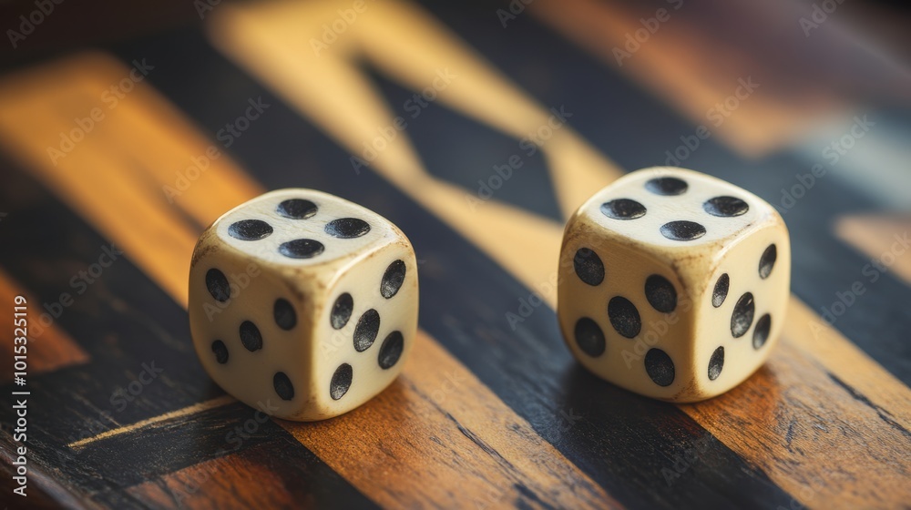 Two Dice on a Backgammon Board. Game and leisure concept. Close-up view with a focus Two Dice on a Backgammon Board. Game and leisure concept. Close-up view with a focus