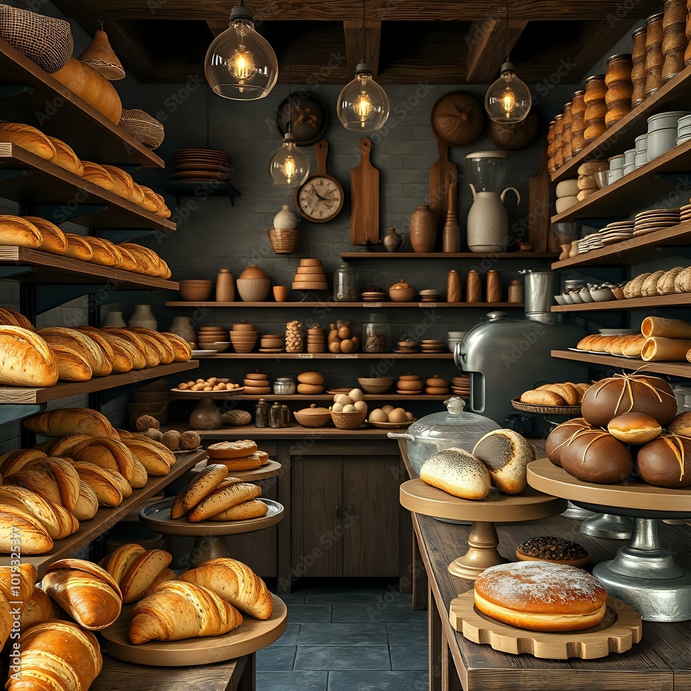Delicious Bakery Display with Assorted Breads, Cakes, and Pastries - Wood Shelves