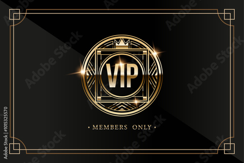 For premium persons vip card invitation with gold logo with text in frame and glitter with gatsby elements. Vector illustration.