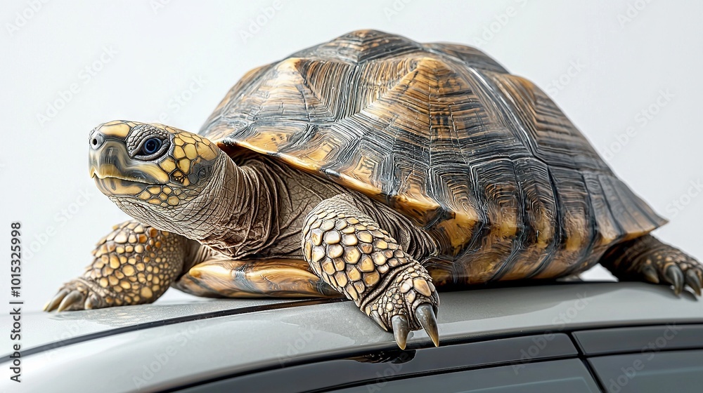 Obraz premium A close-up of a turtle perched atop a car with its head resting on the car's roof