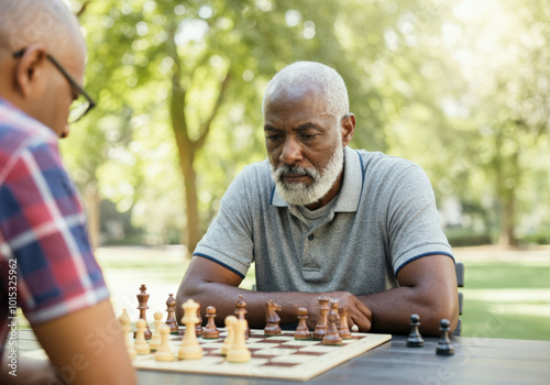 Two friends are concentrating on their next move while playing a game of chess at an outdoor park table