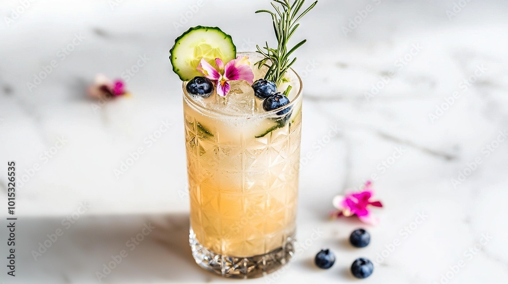 A drink with blueberries and cucumber garnish in a tall glass, topped with a garnish A drink with blueberries and cucumber garnish in a tall glass, topped with a garnish