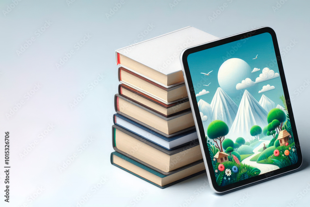 A stack of books and a tablet with a picture of nature. Space for text. A stack of books and a tablet with a picture of nature. Space for text.