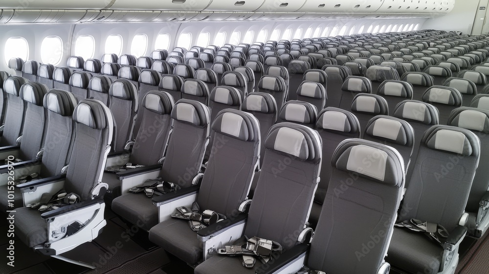 Fototapeta premium Modern Airplane Seat Arrangement: Spacious Cabin with Soft Focus Window Background