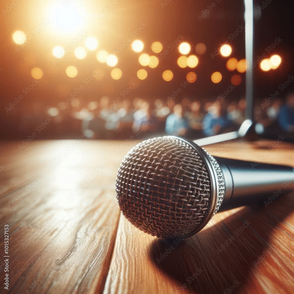 Obraz premium Microphone on stage in the light before the performance.