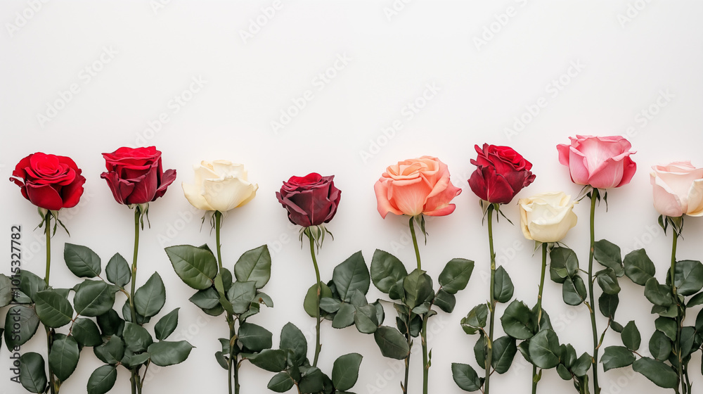Fototapeta premium Valentine's day - A row of lush different roses against a white background.