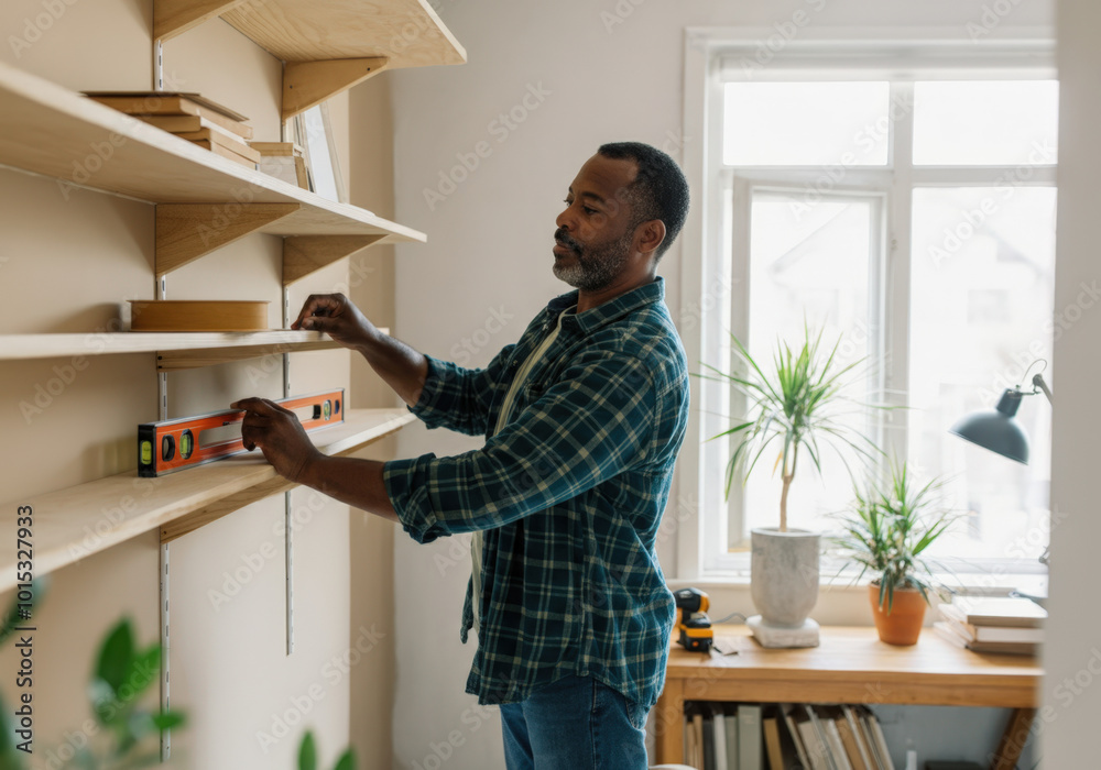 Carpenter is using a spirit level while installing a wooden shelf in a bright house Carpenter is using a spirit level while installing a wooden shelf in a bright house