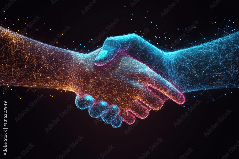 Illustration two wire-frame glowing hands, handshake, technology, business, trust concept Illustration two wire-frame glowing hands, handshake, technology, business, trust concept