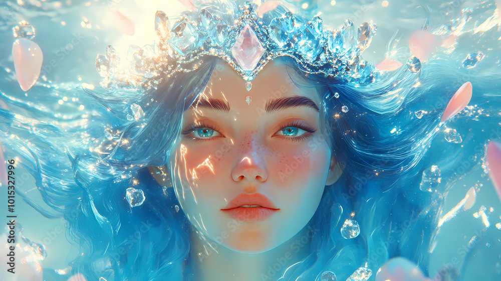 Ethereal water nymph surrounded by sunlight with shimmering blue hair and a dazzling crystal crown. Nymph Queen. Illustration Ethereal water nymph surrounded by sunlight with shimmering blue hair and a dazzling crystal crown. Nymph Queen. Illustration