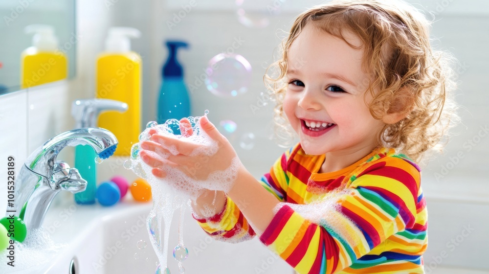 Cheerful Child Washing Hands with Soap Bubbles, AI Cheerful Child Washing Hands with Soap Bubbles, AI