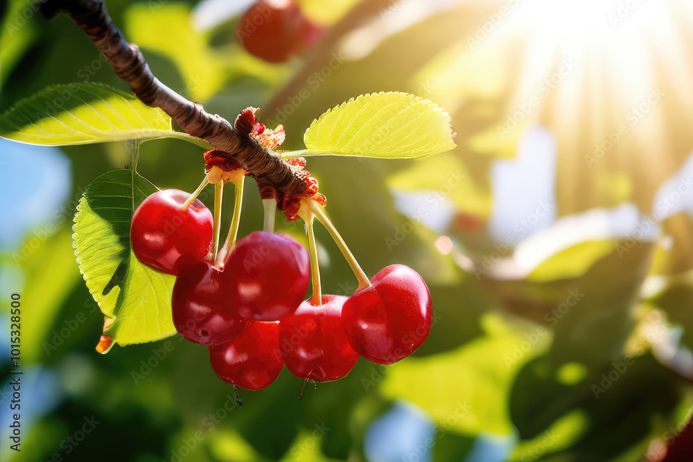 Obraz premium Organic ripe cherries in sunlight. Fruit trees in a summer garden.